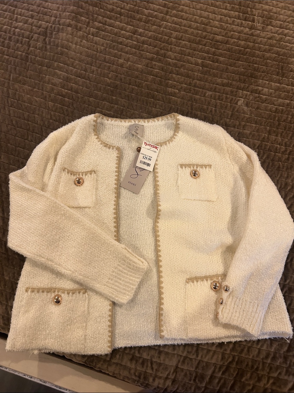 Sioni Cream Textured Open Cardigan with Gold Trim & Buttons